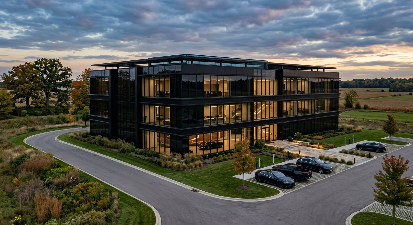 Futuristic corporate headquarters at night